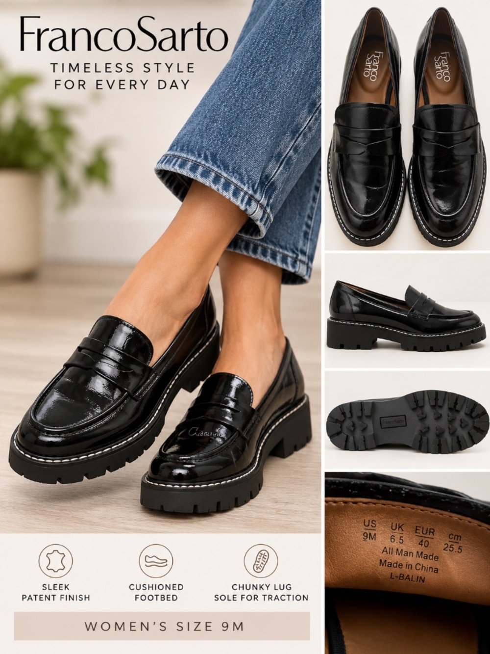 Franco Sarto Black Patent Chunky Lug Sole Loafers Women’s Size 9M